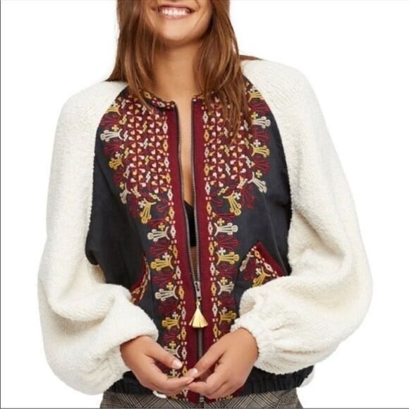 Free People Two Faced Embroidered Jacket Blue Cream Size Small - Picture 2 of 16